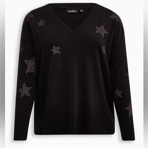 ⭐ Torrid V-neck Black Cotton Sweater with Glitter Stars - NWT